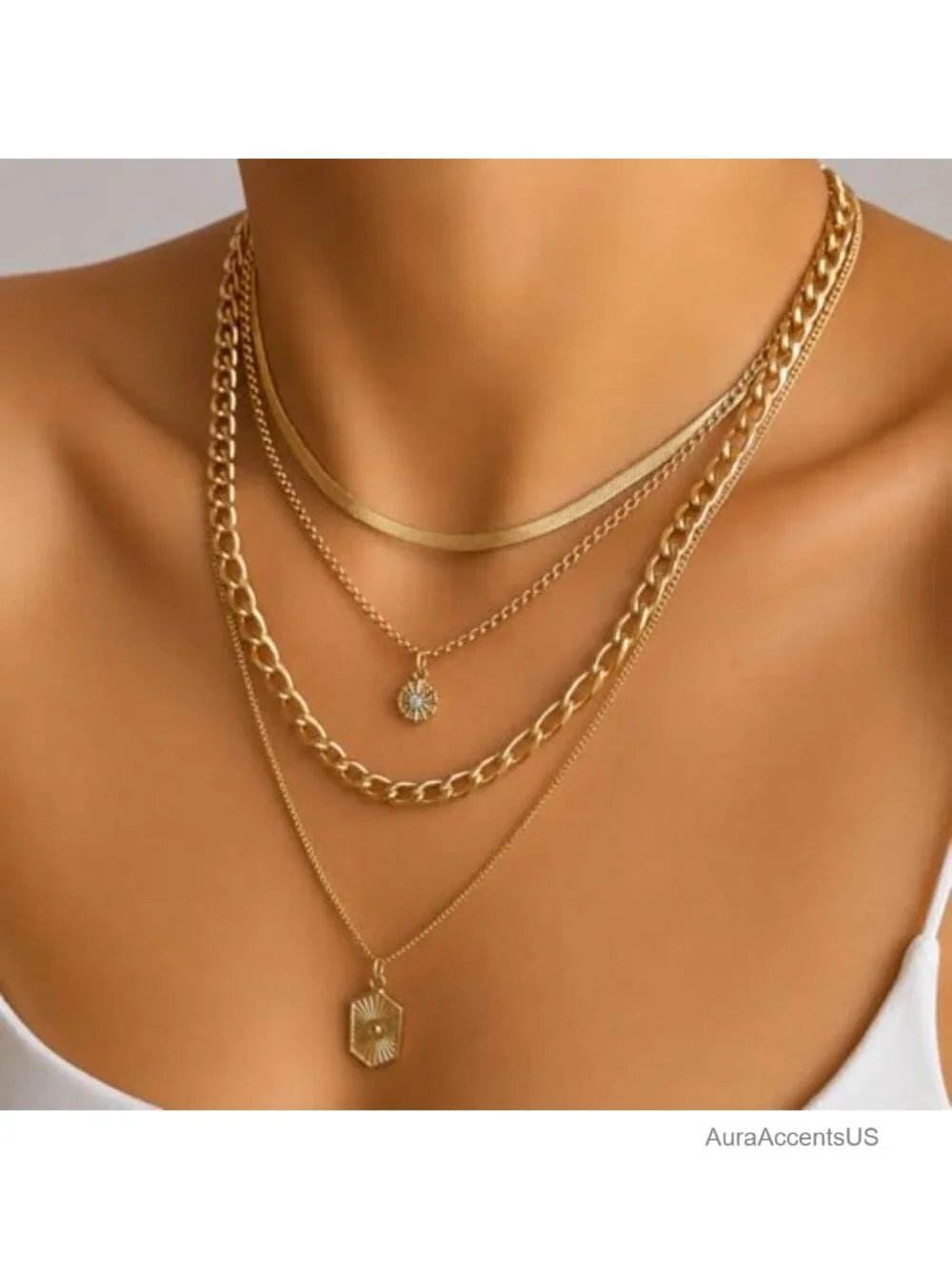 Layered Gold Tone Choker Necklace, Chunky Chain Tassel Pendant, Statement